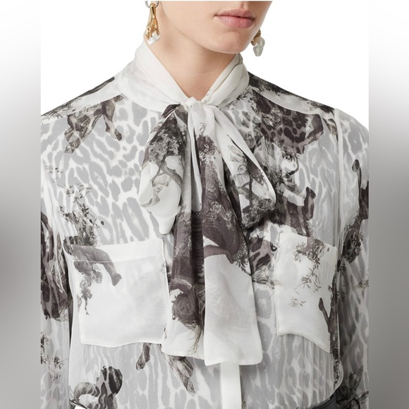 BURBERRY Amelie Bow neck Angel print Mulberry silk sheer long sleeve blouse - Picture 3 of 17